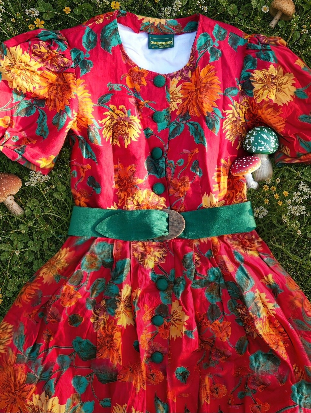 Vintage Red Maxi Dress with Bold Floral Print and Green Belt, Cottagecore, Boho